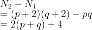 N_2 - N_1 \\ = (p+2)(q+2) - pq \\ = 2(p+q)+4 N_2 - N_1 \\ = (p+2)(q+2) - pq \\ = 2(p+q)+4